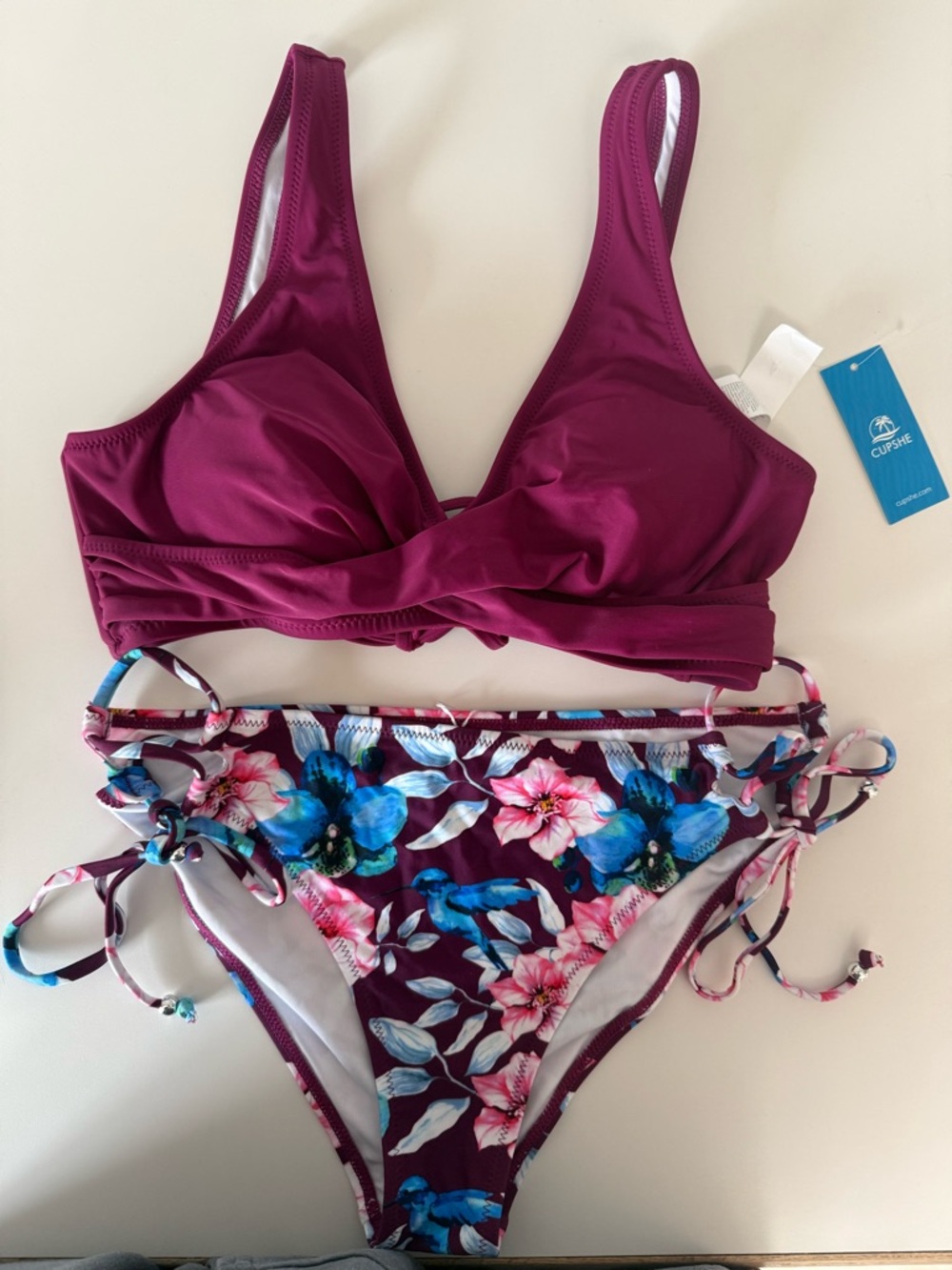 Cupshe Plum Twist-Front Bikini with Blue & Pink/plum Floral Bottoms